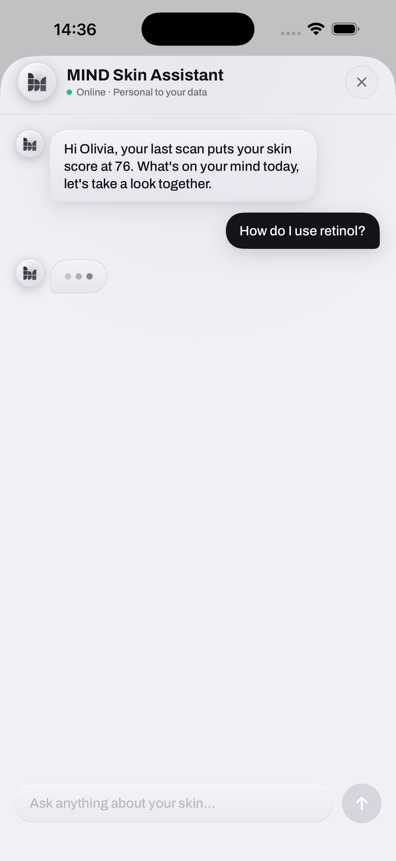 Beauty Mind's personalised skin assistant conversation screen