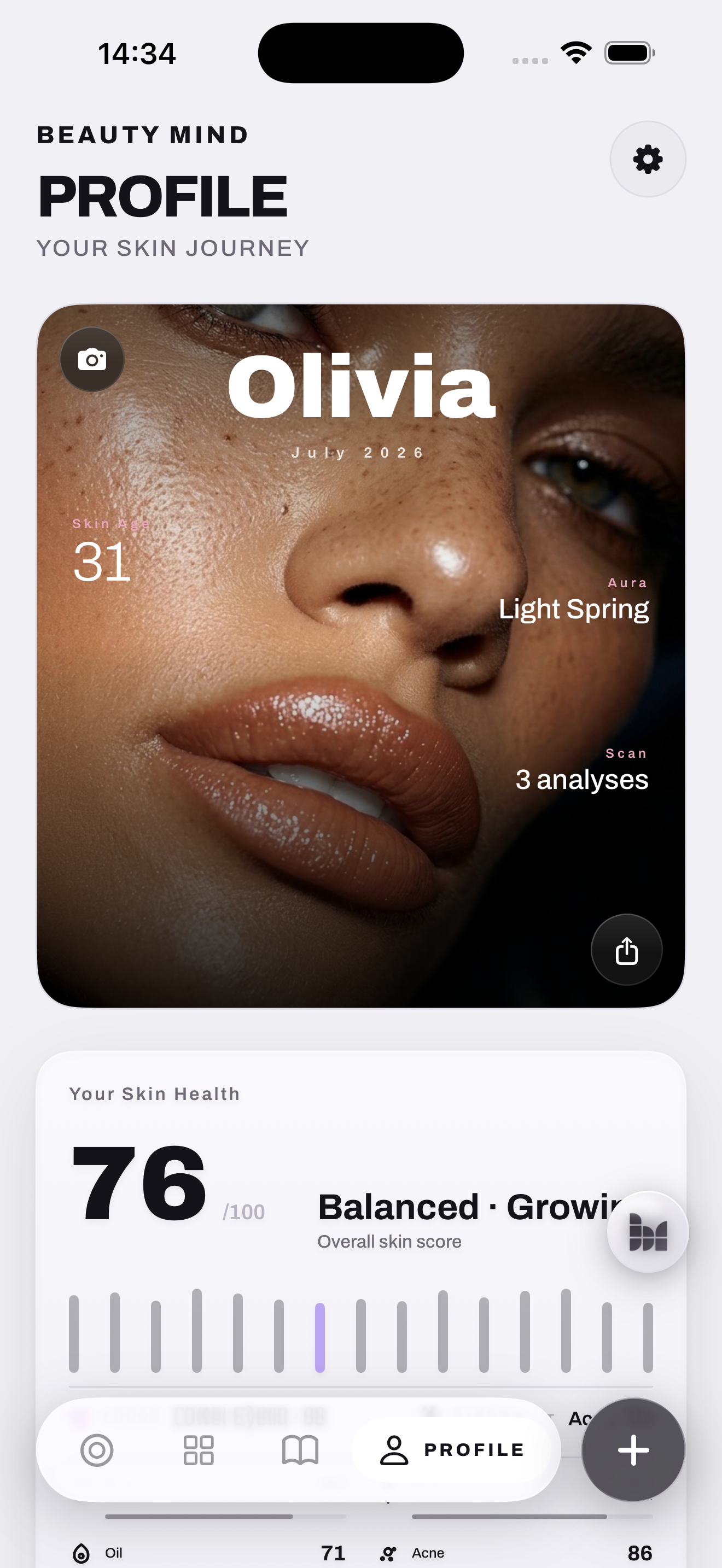 Beauty Mind app — Profile: the Olivia cover card with skin age, aura, scan count and the overall skin-health score