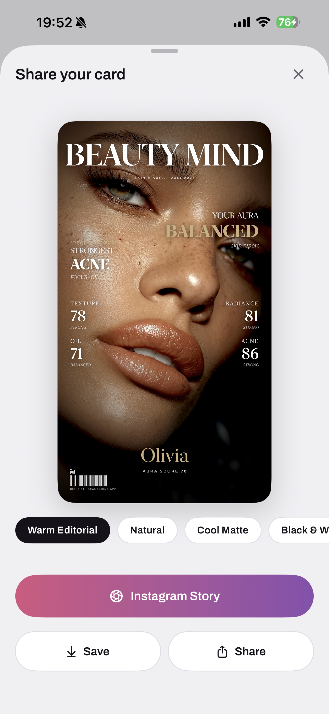 Beauty Mind app — Share your card: the generated result card with style options and sharing actions