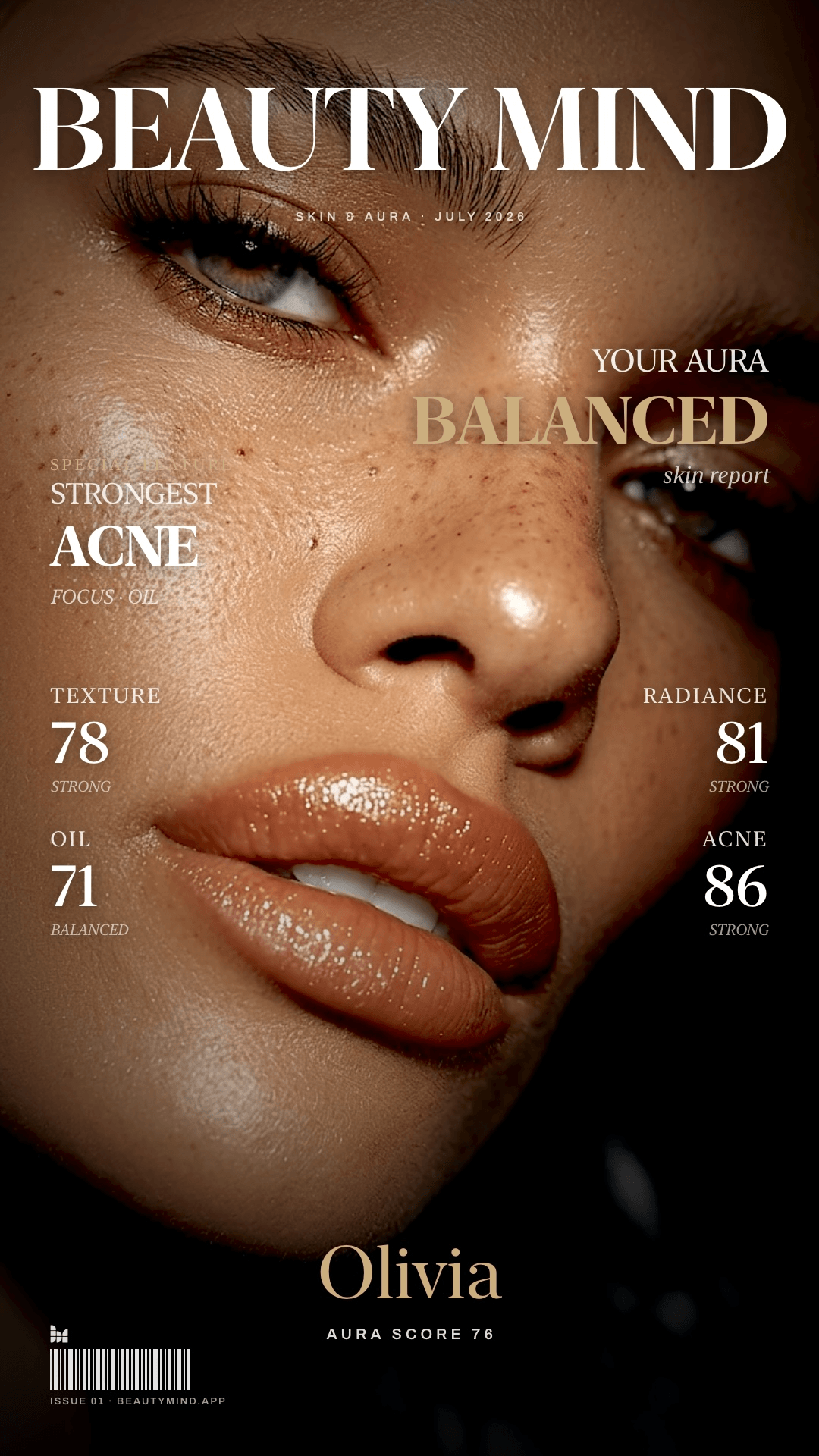 Beauty Mind editorial result cover — aura reading, skin metrics and the overall aura score