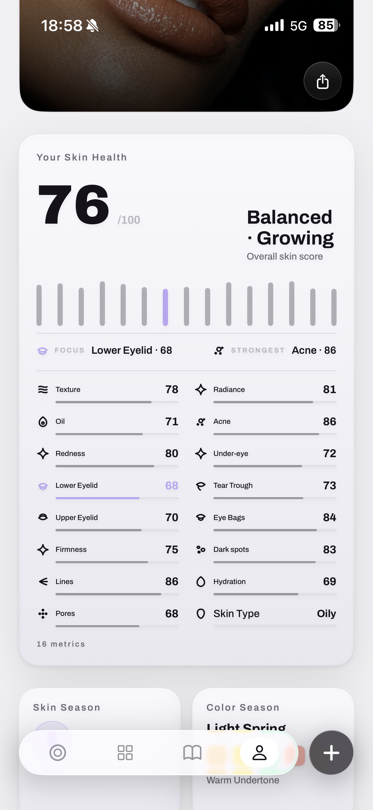 Beauty Mind app — skin analysis result: overall score 76, Balanced · Growing, focus and strongest areas with the metric list