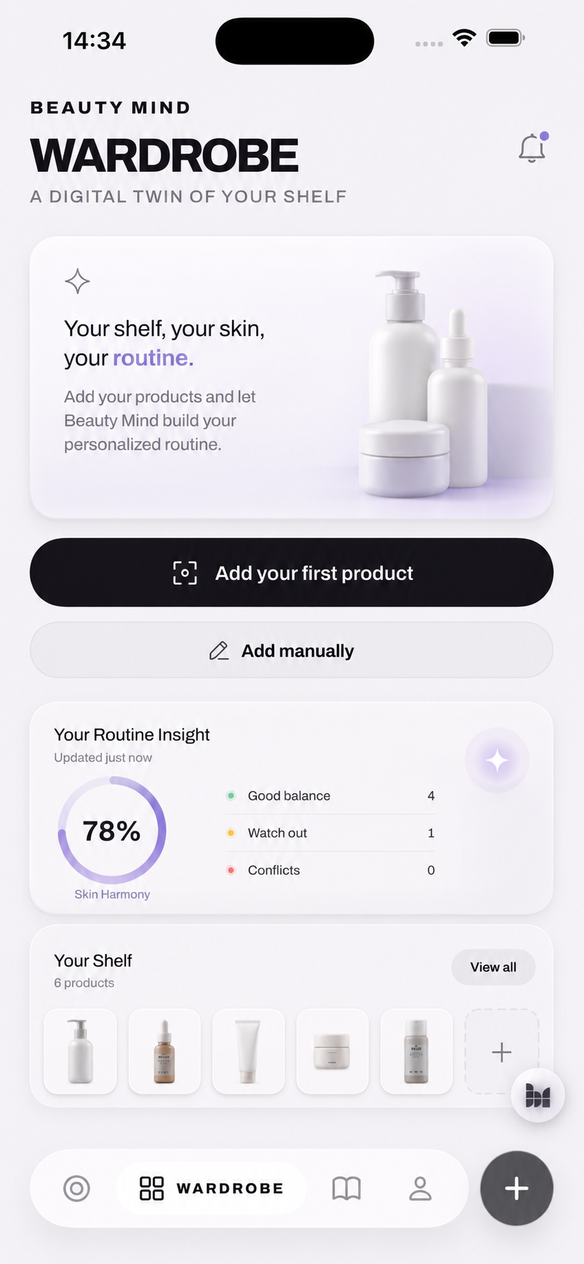 Beauty Mind app — Wardrobe: a digital twin of your shelf with products, actives, freshness and conflicts